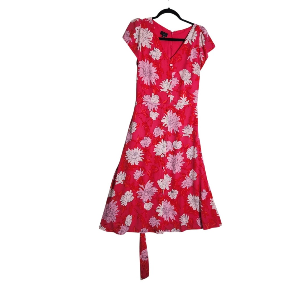 Talbots Pink Floral V-Neck Midi Dress Short Flutter Sleeve Size 8